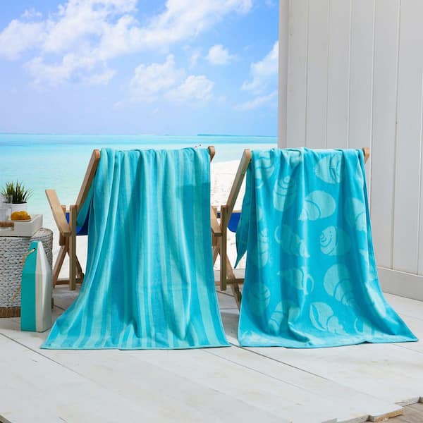 FRESHFOLDS Turquoise/Teal Shell and Stripe 2-Pack 100% Cotton Printed Beach Towel
