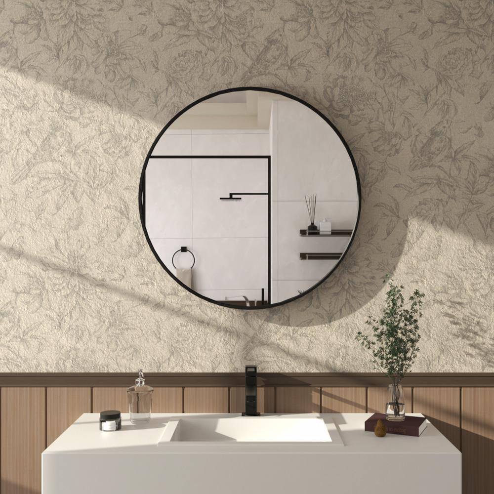 Hermitage Bath Tanx 24 in. W x 24 in. H Round Framed Wall Bathroom Vanity Mirror in matte Black ...