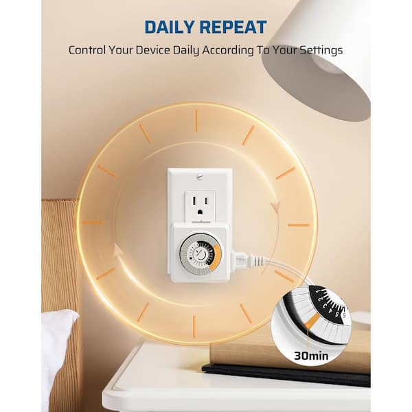 24 Hour Indoor Countdown Timers for Electrical Outlets, 1-Polarized Outlet, for Christmas Lights, Room Lights