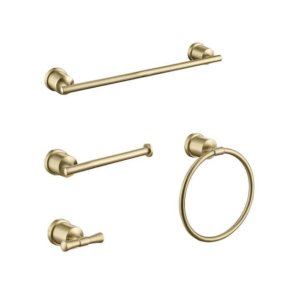 FORCLOVER 4-Piece Bath Hardware Set with Towel Bar, Towel Ring, Toilet Paper Holder and Robe Hook in Brushed Gold