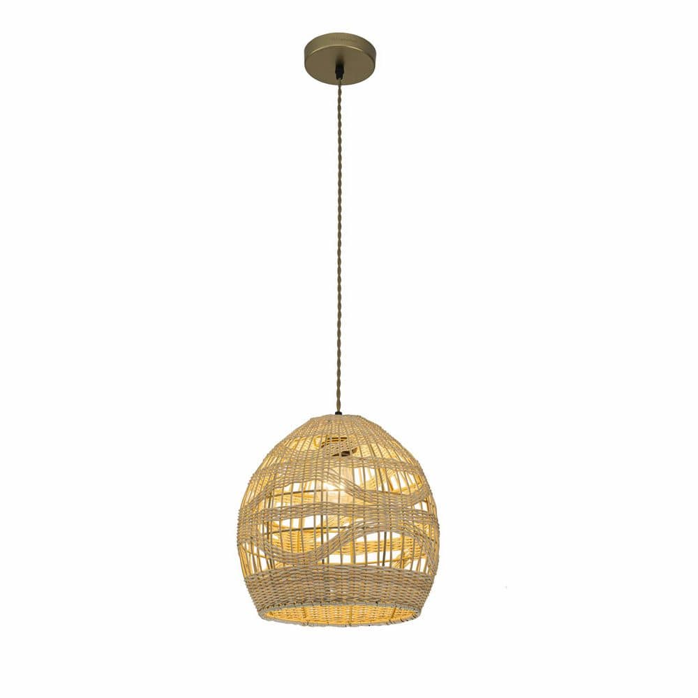 Nala 60 Watt 12 in. 1-Light Gold Coastal Boho Dome Pendant Light for Dining Room with Rattan Shade price history on PriceWatchPro