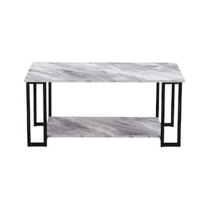 39.37 inch. Modern Marble MDF Gray Tabletop Rectangular Double-Decker Coffee Table with Black Metal Frame of Living Room
