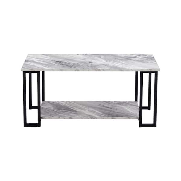 Westsky 39.37 inch. Modern Marble MDF Gray Tabletop Rectangular Double-Decker Coffee Table with Black Metal Frame of Living Room