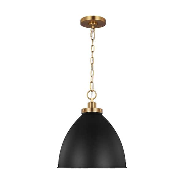 Generation Lighting Wellfleet 15.625 in. W x 13.5 in. H 1-Light Midnight Black/Burnished Brass Medium Dome Pendant Light with Steel Shade