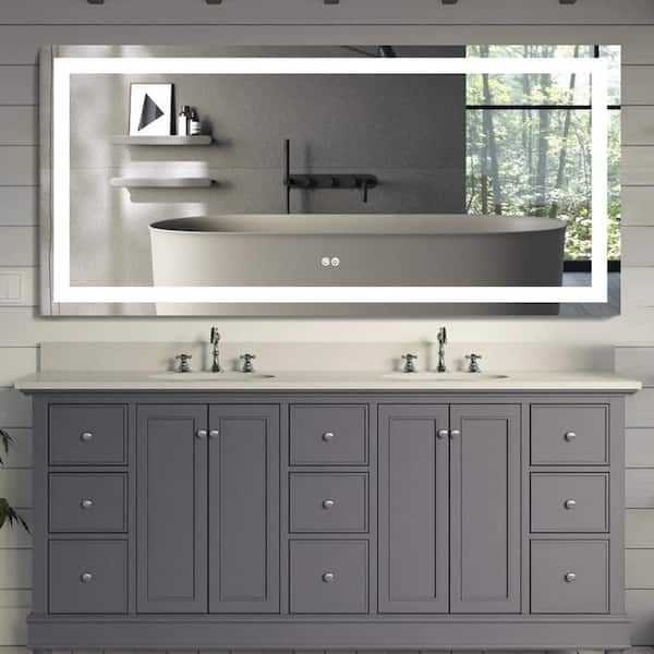 WELLFOR 60 in. W x 28 in. H Rectangular Frameless LED Light Wall Vertical/Horizontal Bathroom Vanity Mirror in Aluminum