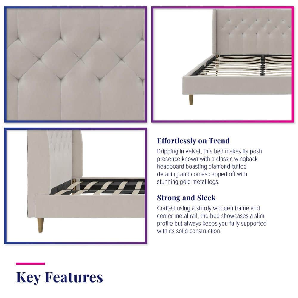 Ivory Velvet Queen Platform Bed with Diamond Tufted Wingback Headboard