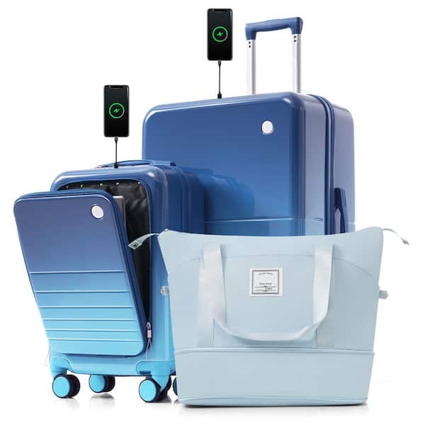 Gradual 3-Piece Blue ABS+PC Hardshell Spinner 20"28" Luggage Set with Expandable Travel Bag, USB Ports, Cup Holders Hook