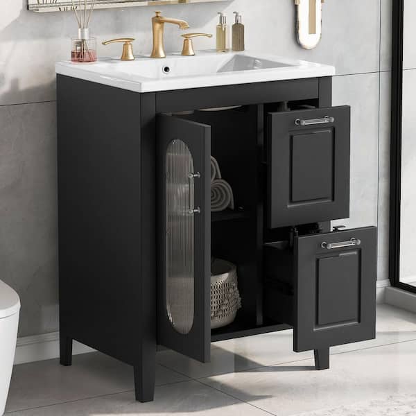24 in. Single Sink Freestanding Black Bath Vanity with White Ceramic Top Unassembled