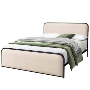 Beige Metal Frame Queen Platform Bed with Curved Upholstered Headboard and Footboard Bed with Under Bed Storage