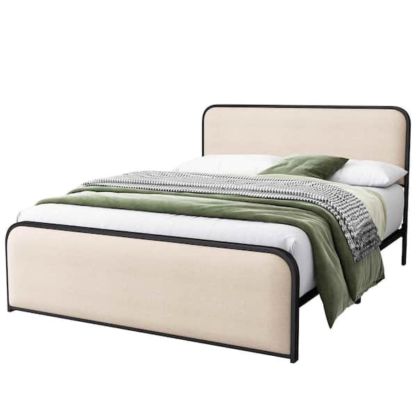 Beige Metal Frame Queen Platform Bed with Curved Upholstered Headboard and Footboard Bed with Under Bed Storage