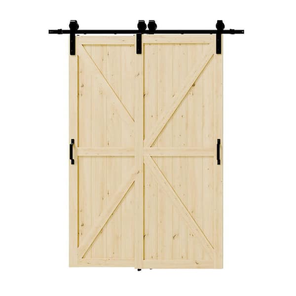 60 in. x 84 in. Light Brown Painted Water Proof and MDF Double K-Shaped Sliding Barn Door with Hardware Kit