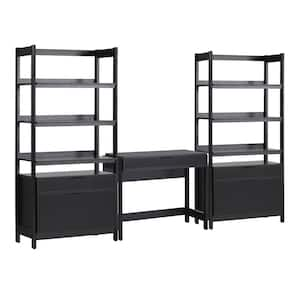 38 in. 3-Piece Transitional Black Reeded Writing Desk with 2 Wide Modern Bookcases