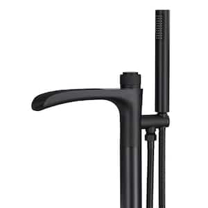 1-Handle Freestanding Floor Mount Tub Faucet Bathtub Filler Brass Bathtub Faucet with Hand Shower in Matte Black
