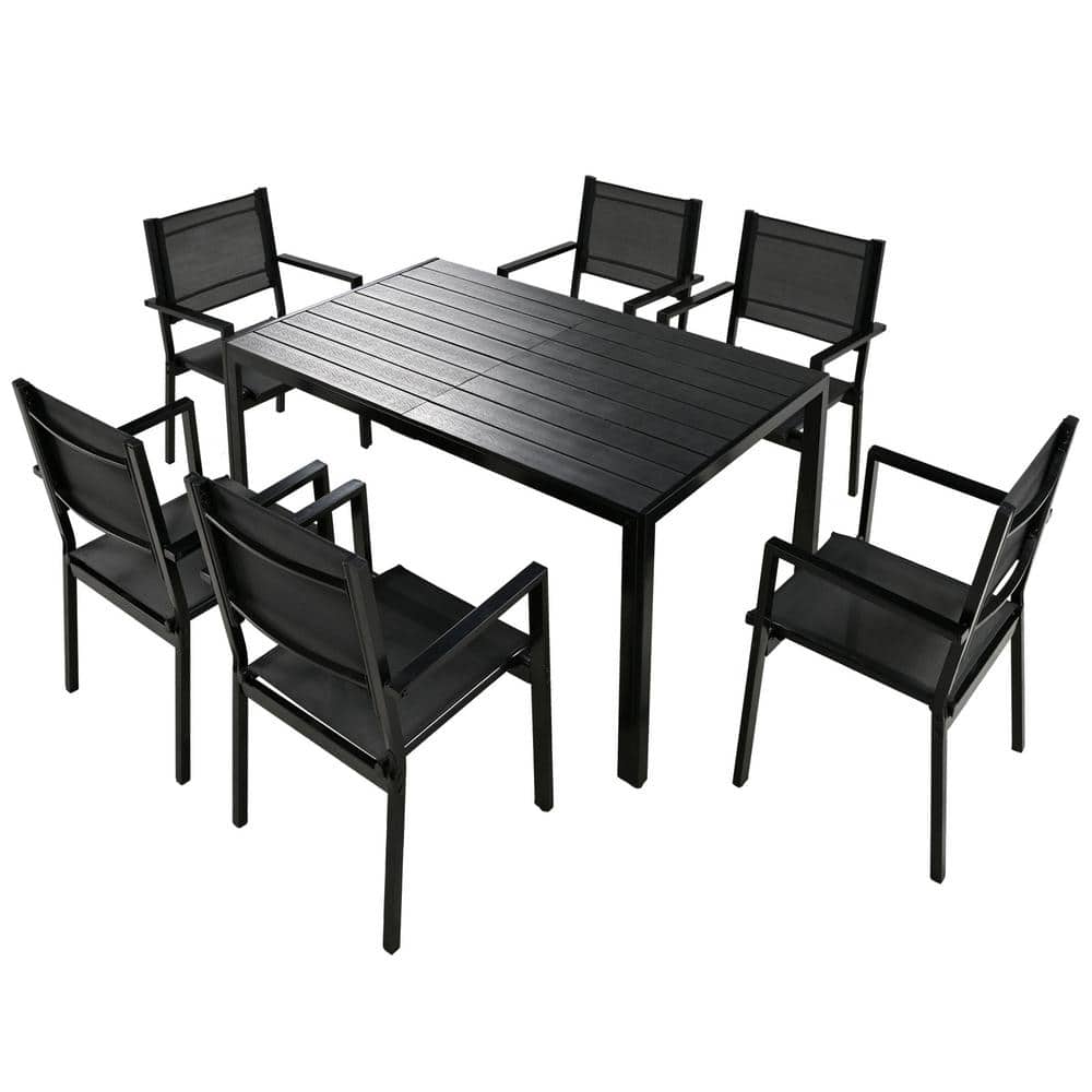 7-Pieces Black High-Quality Metal Outdoor Dining Set, 1 Table and 6 Chair, 