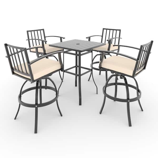5-Piece Metal Patio Outdoor Bistro Set with Square Bar Table, High Swivel Chairs and Sand Cushions