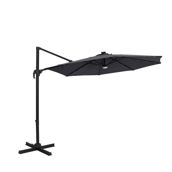 Island Umbrella Santiago II 10 ft. Polyester Octagon Cantilever Umbrella with LED Bulb Lights/X-Stand in Slate Grey