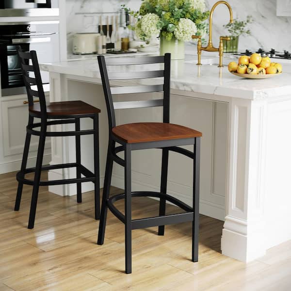 Hercules Series 28.75 in. Cherry Wood Seat/Black Metal Frame Bar Stool