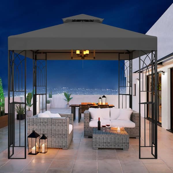 8 ft. x 8 ft. Gray Outdoor Garden Gazebo with Built-in Ceiling Hook, Corner Shelves, and 2-Tier Vented Soft Top Roof