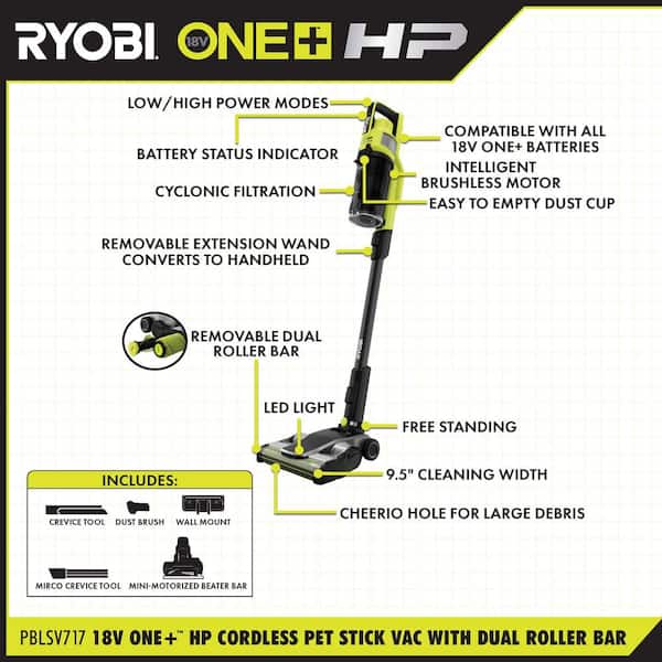 RYOBI PBLSV717K ONE+ HP 18V Brushless Cordless Pet Stick Vac with Kit with Dual-Roller, 4.0 Ah HIGH PERFORMANCE Battery, and Charger - 3