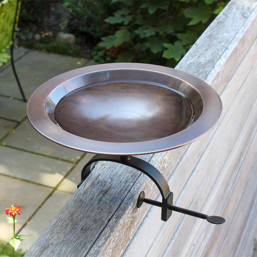 15" Antique Copper Over Rail Birdbath with Wrought Iron Bracket