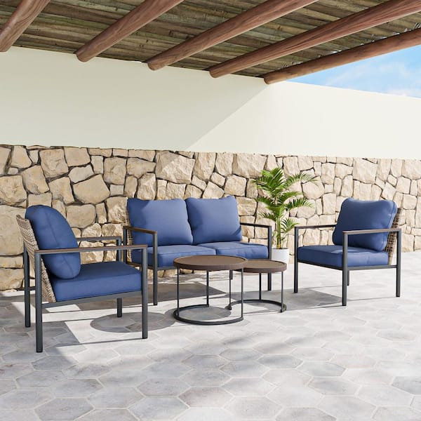 EAGLE PEAK 5-Piece Black Metal Frame Brown Rattan Wicker Outdoor Set Conversation Set with Blue Cushions and Nesting Coffee Tabels