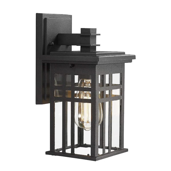 JAZAVA 12 in. 1-Light Black With Clear Glass Hardwired Outdoor Wall Lantern Sconce Light (1-Pack)