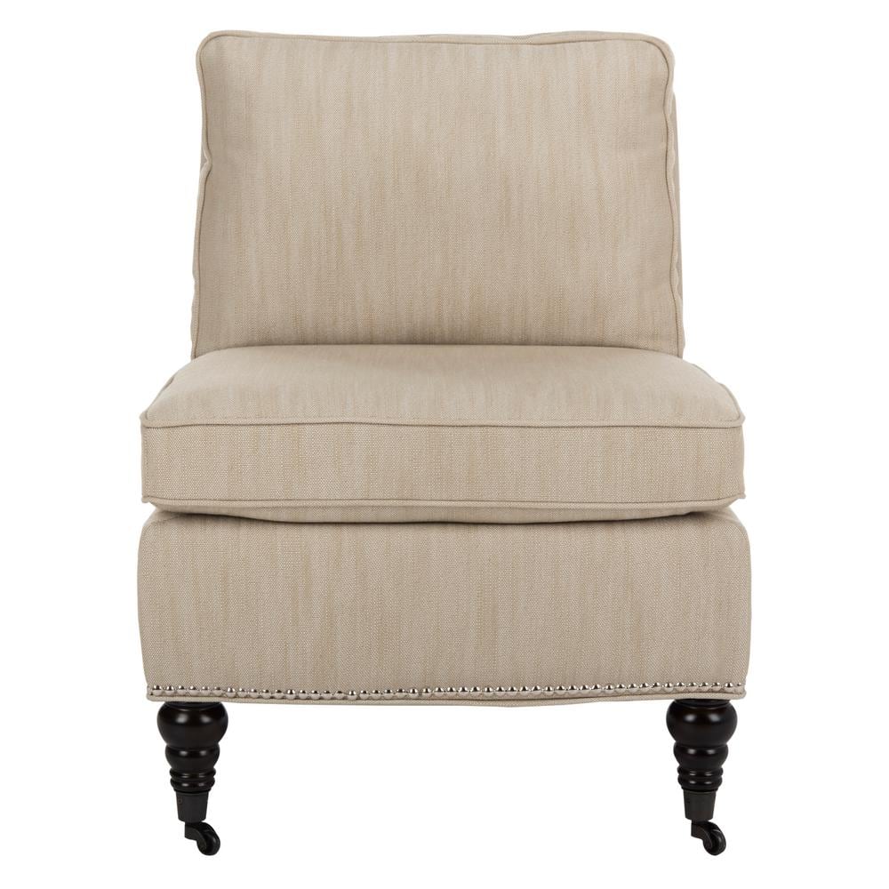 Beige Linen Slipper Chair with Spindle Wood Legs