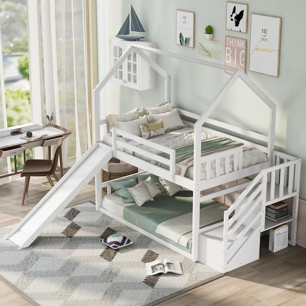 Polibi Twin Over Twin House Bunk Bed with Convertible Slide, Storage Staircase, White