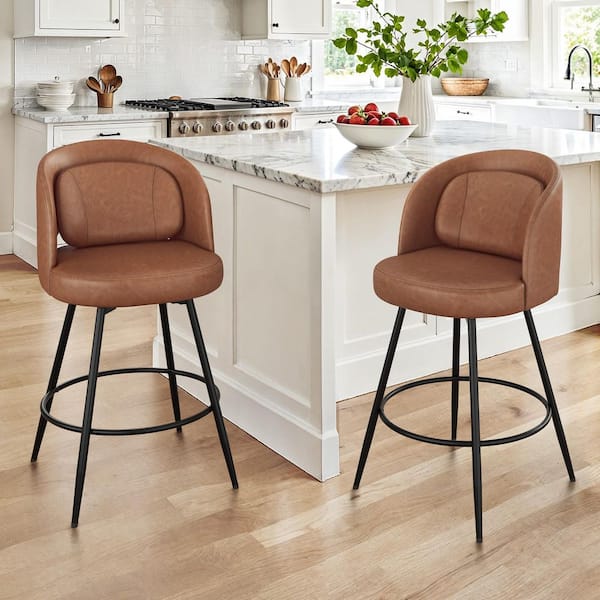 Audrey 26 in. Brown Faux Leather Swivel Bar Stool Metal Frame Bar Chairs Counter H8 Bar Stool with Cushions Set of 2