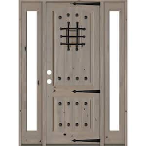 70 in. x 96 in. Mediterranean Knotty Alder Right-Hand/Inswing Clear Glass Grey Stain Wood Prehung Front Door w/Sidelite