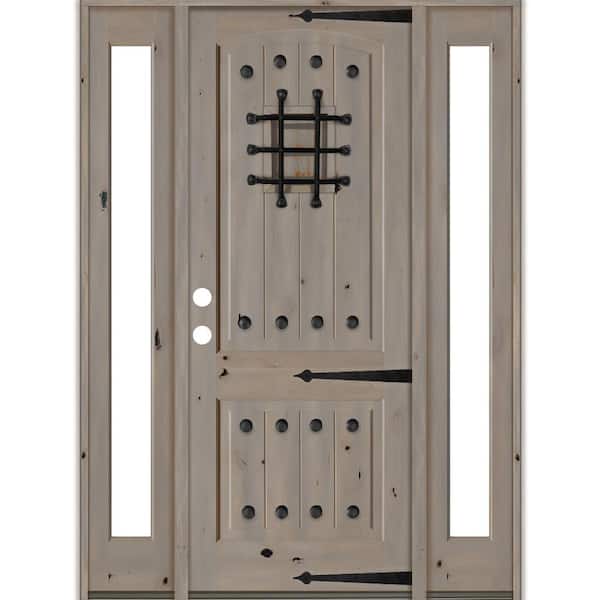 Krosswood Doors 76 in. x 96 in. Mediterranean Knotty Alder Right-Hand/Inswing Clear Glass Grey Stain Wood Prehung Front Door w/Sidelite