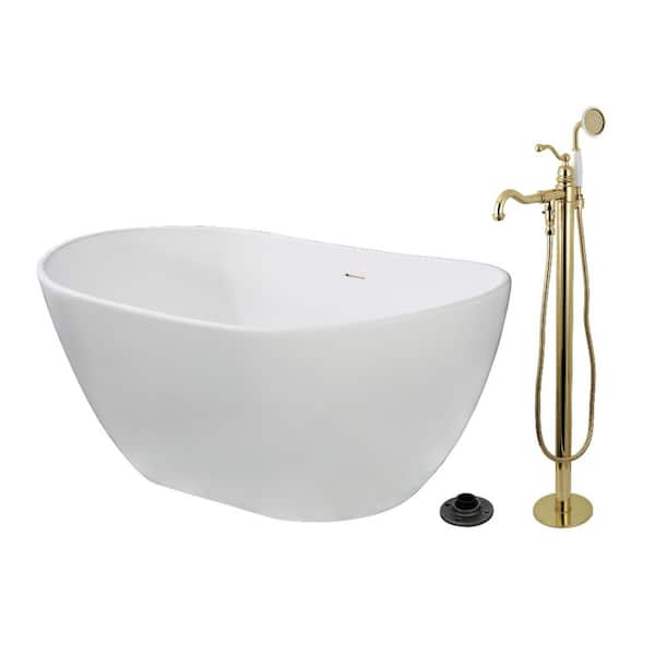 Arcticstone 56.3 in. x 32.3 in. Surface White Stone Flatbottom Soaking Freestanding Bathtub in White/Polished Brass