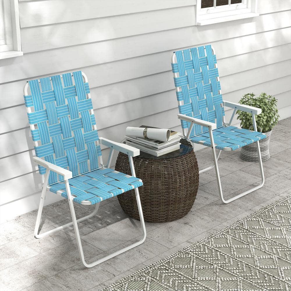 Blue Woven Strap Steel Folding Patio Chairs with Armrests, Set of 2