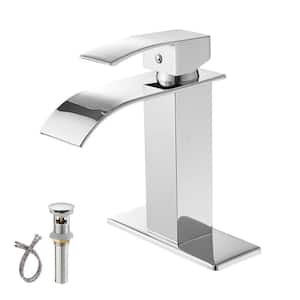 Single Handle Single Hole Bathroom Faucet with Waterfall and Drain Assembly in Polished Chrome