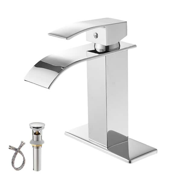 Unbranded Single Handle Single Hole Bathroom Faucet with Waterfall and Drain Assembly in Polished Chrome