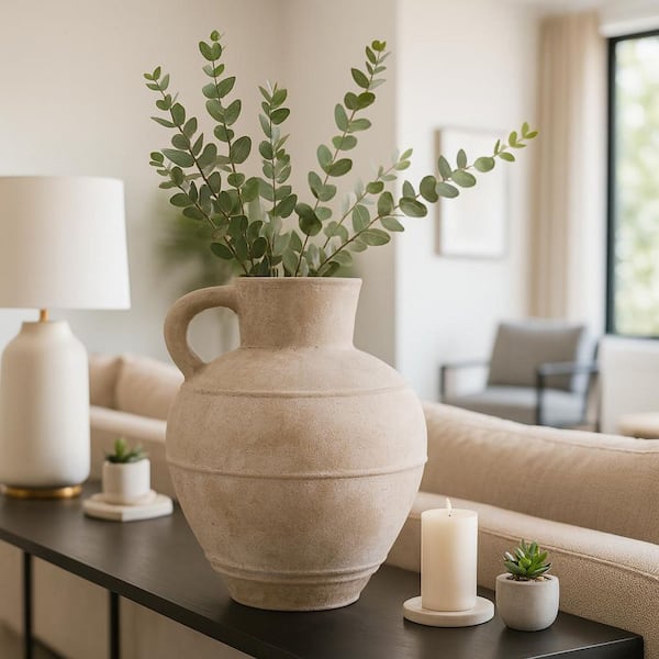 22 in. Ivory Terra Cotta Urn Modern Jug with Handle Decorative Vase