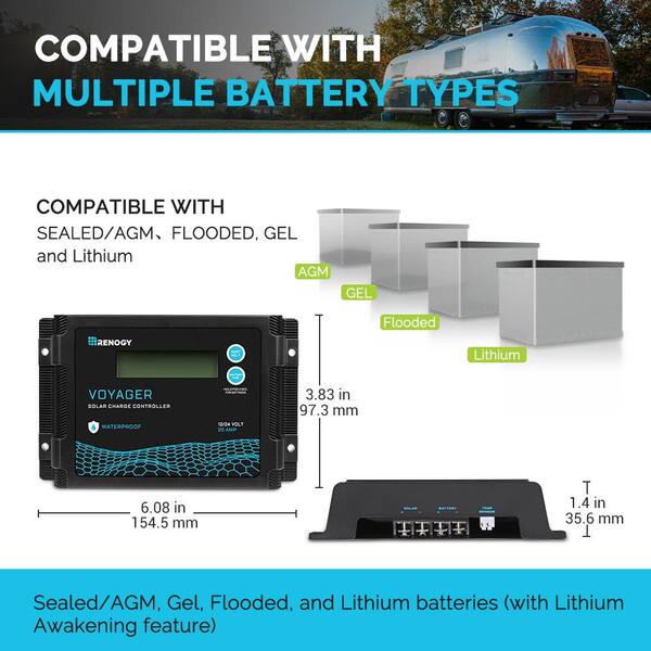 Renogy Voyager 20A PWM Solar Charge Controller, Waterproof IP67 For RV, Camping, Off-Grid 12V/24V Systems With LCD Display