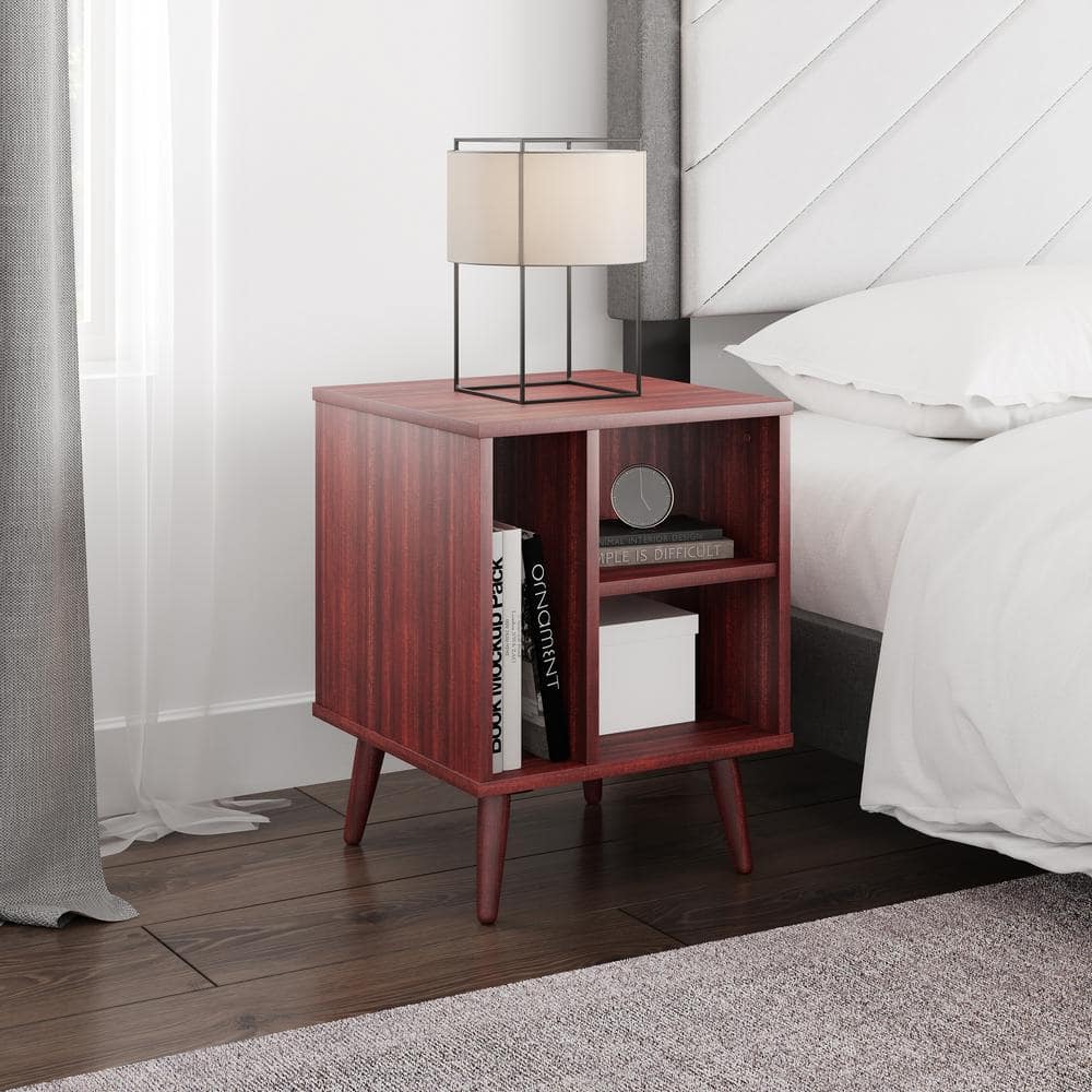 Warwick Mid-Century Modern Nightstand with Open Storage Shelving, Cherry - 