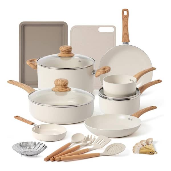 23-Piece Dark Wood Finish Nonstick Ceramic Aluminum Cookware Set with Stay-Cool Handles for All Cooktops
