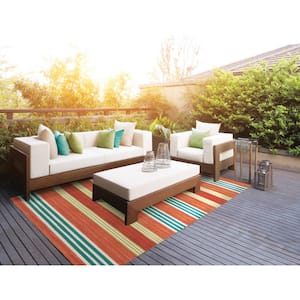 Sun N Shade Orange 5 ft. x 8 ft. Striped Contemporary Indoor/Outdoor Area Rug