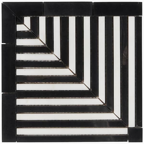 Ivy Hill Tile Florey Linear Calacatta and Black Jade 4 in. x 0.39 in. Polished Marble Floor and Wall Mosaic Tile Sample