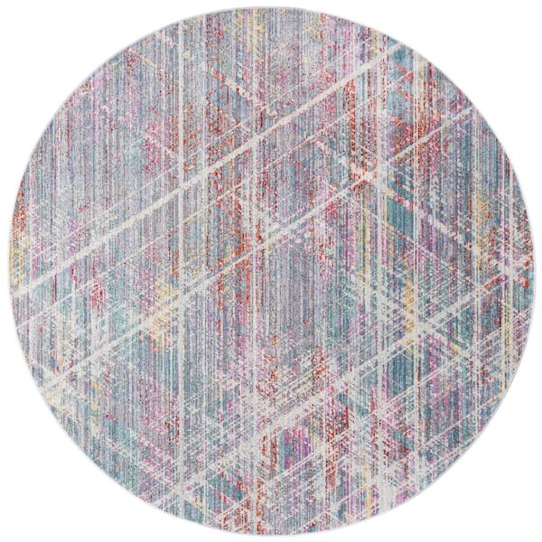 Windsor 6 ft. x 6 ft. Ivory/Aqua Distressed Geometric Round Area Rug