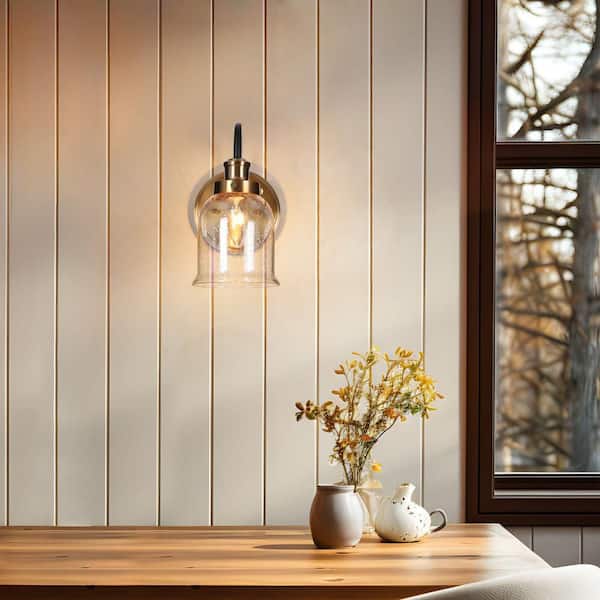 Walnute Modern 1-Light Seeded Glass Brass Gold Wall Sconce, Black Bell Bathroom Vanity Light Transitional Wall Lighting