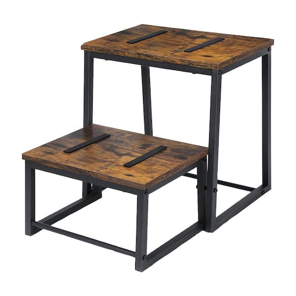 Rustic Brown 2-Step Wood Stool for Adults with 550 lbs. Capacity 3-in-1 Design for Bedroom Kitchen Living Room