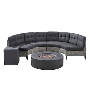 Mixed Black 6-Piece Faux Rattan Patio Fire Pit Conversation Set with Dark Gray Cushion