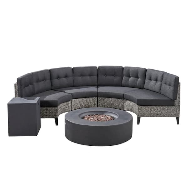 Noble House Mixed Black 6-Piece Faux Rattan Patio Fire Pit Conversation Set with Dark Gray Cushion