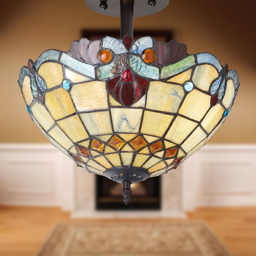13 in. Tiffany Stained Glass Semi-Flush Mount Ceiling Light with Red and Amber Bowl Shade price history on PriceWatchPro