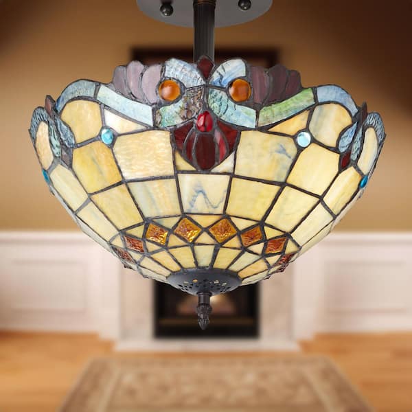 River of Goods 13 in. Tiffany Stained Glass Semi-Flush Mount Ceiling Light with Red and Amber Bowl Shade