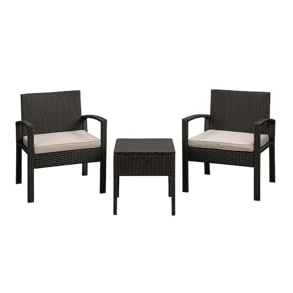 BALKENE HOME Bern 3-Piece Wicker Patio Conversation Set with Beige Cushions