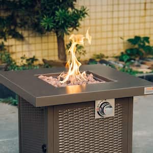 28 in. Large Fireplace Outdoor Fire Pit Table with Lid, Auto-Ignition and Lava Rock in Brown